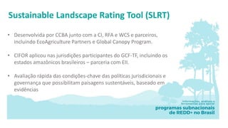 Sustainable Landscape Rating Tool (SLRT)
• Desenvolvida por CCBA junto com a CI, RFA e WCS e parceiros,
incluindo EcoAgric...