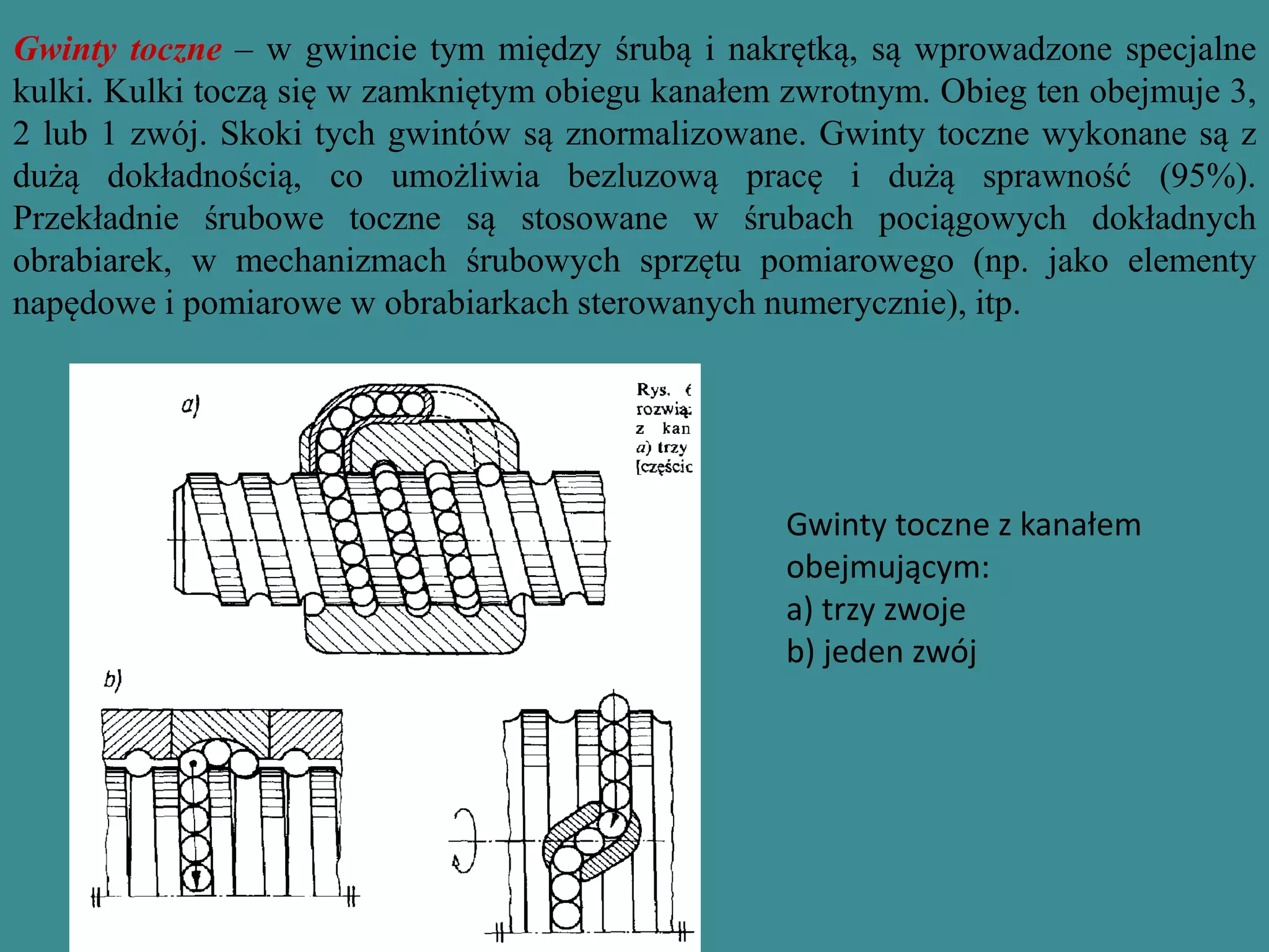 Gwinty toczne – w gwincie tym między śrubą i nakrętką, są wprowadzone specjalne
kulki. Kulki toczą się w zamkniętym obiegu kanałem zwrotnym. Obieg ten obejmuje 3,
2 lub 1 zwój. Skoki tych gwintów są znormalizowane. Gwinty toczne wykonane są z
dużą dokładnością, co umożliwia bezluzową pracę i dużą sprawność (95%).
Przekładnie śrubowe toczne są stosowane w śrubach pociągowych dokładnych
obrabiarek, w mechanizmach śrubowych sprzętu pomiarowego (np. jako elementy
napędowe i pomiarowe w obrabiarkach sterowanych numerycznie), itp.
Gwinty toczne z kanałem
obejmującym:
a) trzy zwoje
b) jeden zwój
 