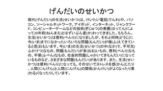 げんだいのせいかつ
現代(げんだい)の生活(せいかつ)は、けいたい電話(でんわ)や、パソ
コン、ソーシャルネットワーク、アイポッド、インターネット、ジャンクフー
ド、コンピューターゲームなどの技術(ぎじゅつ)の発展(はってん)によ
って20年前(ねんまえ)とはずいぶん変(か)わってきました。もちろん、
生活(せいかつ)は便利(べんり)になりましたが、それと同時(どうじ)に
今(いま)までになかったいろいろな問題(もんだい)が増(ふ)えてきてい
ると思(おも)います。今(いま)の生活(せいかつ)の中(なか)で、不可欠(
ふかけつ)なもの、問題(もんだい)が多(おお)いもの、便利(べんり)なも
の、不便(ふべん)なもの、社会的問題(しゃかいてきもんだい)になって
いるものなど、さまざまな問題(もんだい)があります。また、生活(せい
かつ)は便利(べんり)になっても、そのせいでストレスを感(かん)じたり
、人間(にんげん)と人間(にんげん)の関係(かんけい)がよくなったり悪
(わる)くなったりしています。
 