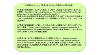 「発達（はったつ）」、「発展（はってん）」、「進歩（しんぽ）」の違い
◇「発達」は成長（せいちょう）して完成（かんせい）した状態（じょうたい）に近づくとい
う意味。 - ‘development, growth, progress’, used for condition/state that something is
getting closer to more perfected condition by growth.
「心身(しんしん)の発達」「嗅覚(きゅうかく)の発達した犬」など、生物(せいぶつ)の身体
(しんたい)や器官(きかん)の機能(きのう)、自然現象(しぜんげんしょう)については「発
達」を使う。
◇「発展」は物事の勢（いきお）いや力（ちから）などが増（ま）して、広（ひろ）がってい
くという意味。 - ‘advancement, development’, focus on increase and broadening of
things by momentum and power development. 「会社の発展」「事件(じけん)は意外な
方向に発展した」などでは「発展」を使う。
◇「進歩」は、すぐれた段階（だんかい）、状態になること。 - ‘advance, progress,
development’, something becomes a condition of better stage. Focus on quality as a
result of development. 「宿題(しゅくだい)に進歩の跡(あと)がある」「すばらしい科学
(かがく)の進歩」のように質(しつ)が重要(じゅうよう)で、「進歩発展する」と同時(どうじ)
に使うこともある。
 