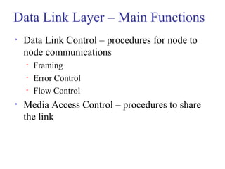 Data Link Layer – Main Functions
• Data Link Control – procedures for node to
node communications
• Framing
• Error Control
• Flow Control
• Media Access Control – procedures to share
the link
 