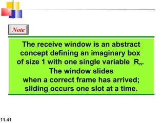 11.41
The receive window is an abstract
concept defining an imaginary box
of size 1 with one single variable Rn.
The window slides
when a correct frame has arrived;
sliding occurs one slot at a time.
Note
 
