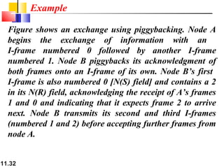 11.32
Figure shows an exchange using piggybacking. Node A
begins the exchange of information with an
I-frame numbered 0 followed by another I-frame
numbered 1. Node B piggybacks its acknowledgment of
both frames onto an I-frame of its own. Node B’s first
I-frame is also numbered 0 [N(S) field] and contains a 2
in its N(R) field, acknowledging the receipt of A’s frames
1 and 0 and indicating that it expects frame 2 to arrive
next. Node B transmits its second and third I-frames
(numbered 1 and 2) before accepting further frames from
node A.
Example
 