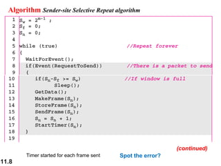11.8
Algorithm Sender-site Selective Repeat algorithm
(continued)
Timer started for each frame sent Spot the error?
 