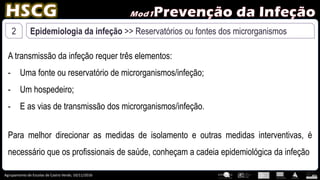 Agrupamento de Escolas de Castro Verde, 10/11/2016
2 Epidemiologia da infeção >> Reservatórios ou fontes dos microrganismos
A transmissão da infeção requer três elementos:
- Uma fonte ou reservatório de microrganismos/infeção;
- Um hospedeiro;
- E as vias de transmissão dos microrganismos/infeção.
Para melhor direcionar as medidas de isolamento e outras medidas interventivas, é
necessário que os profissionais de saúde, conheçam a cadeia epidemiológica da infeção
 
