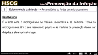 Agrupamento de Escolas de Castro Verde, 10/11/2016
2 Epidemiologia da infeção >> Reservatórios ou fontes dos microrganismos
Reservatório
É o local onde o microrganismo se mantém, metaboliza e se multiplica. Todos os
microrganismos têm o seu reservatório próprio e as medidas de prevenção devem ser
dirigidos a ele em primeiro lugar.
 