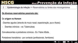 Agrupamento de Escolas de Castro Verde, 10/11/2016
2 Epidemiologia da infeção >> Reservatórios ou fontes dos microrganismos
Os diversos reservatórios possíveis são:
De origem no Homem
- Doentes agudos (através do muco nasal, expectoração, pus e fezes);
- Doentes crónicos – ex: Tuberculose.
Convalescentes e portadores crónicos - Ex: Febre tifóide.
Portadores transitórios - por contacto (profissionais, familiares)
 