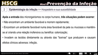 Agrupamento de Escolas de Castro Verde, 10/11/2016
2 Epidemiologia da infeção >> Hospedeiro e sua suscetibilidade
Após a entrada dos microrganismos no corpo humano, três situações podem ocorrer:
• Não encontram um ambiente favorável e morrem rapidamente;
• Encontram um ambiente favorável numa área favorável da pele ou mucosas e mantêm-
se aí criando uma relação inofensiva ou benéfica: colonização;
• Invadem os tecidos diretamente ou através das "toxinas" que produzem e causam
efeitos clínicos adversos: infeção.
 