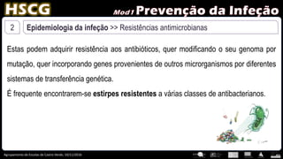 Agrupamento de Escolas de Castro Verde, 10/11/2016
2 Epidemiologia da infeção >> Resistências antimicrobianas
Estas podem adquirir resistência aos antibióticos, quer modificando o seu genoma por
mutação, quer incorporando genes provenientes de outros microrganismos por diferentes
sistemas de transferência genética.
É frequente encontrarem-se estirpes resistentes a várias classes de antibacterianos.
 