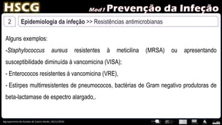 Agrupamento de Escolas de Castro Verde, 10/11/2016
2 Epidemiologia da infeção >> Resistências antimicrobianas
Alguns exemplos:
-Staphylococcus aureus resistentes à meticilina (MRSA) ou apresentando
susceptibilidade diminuída à vancomicina (VISA);
- Enterococos resistentes à vancomicina (VRE),
- Estirpes multirresistentes de pneumococos, bactérias de Gram negativo produtoras de
beta-lactamase de espectro alargado,.
 