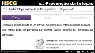 Agrupamento de Escolas de Castro Verde, 10/11/2016
2 Epidemiologia da infeção >> Microrganismos e patogenicidade
Doença Infeção Doença Infeciosa
Doença é o estado afetado de um ser vivo, que altera o seu estado ontológico de saúde.
Este estado pode ser provocado por diversos fatores, podendo ser intrínsecos ou
extrínsecos.
A ontologia trata do ser enquanto ser, isto é, do ser concebido
como tendo uma natureza comum que é inerente a todos e a
cada um dos seres.
 