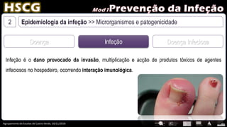 Agrupamento de Escolas de Castro Verde, 10/11/2016
2 Epidemiologia da infeção >> Microrganismos e patogenicidade
Doença Infeção Doença Infeciosa
Infeção é o dano provocado da invasão, multiplicação e acção de produtos tóxicos de agentes
infeciosos no hospedeiro, ocorrendo interação imunológica.
 