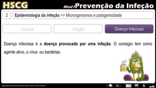 Agrupamento de Escolas de Castro Verde, 10/11/2016
2 Epidemiologia da infeção >> Microrganismos e patogenicidade
Doença Infeção Doença Infeciosa
Doença infeciosa é a doença provocada por uma infeção. O contagio tem como
agente ativo, o vírus ou bactérias.
 