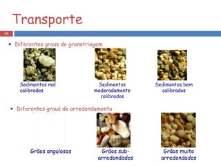 Transporte Diferentes graus de granotriagem Diferentes graus de arredondamento  Sedimentos mal calibrados Sedimentos moderadamente calibrados Sedimentos bem calibrados Grãos angulosos Grãos sub-arredondados Grãos muito arredondados 