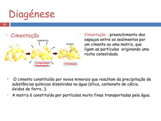 Diagénese Cimentação Cimentação -  preenchimento dos espaços entre os sedimentos por um cimento ou uma matriz, que ligam as partículas  originando uma rocha consolidada . O cimento constituído por novos minerais que resultam da precipitação de substâncias químicas dissolvidas na água (sílica, carbonato de cálcio, óxidos de ferro…); A matriz é constituída por partículas muito finas transportadas pela água. 