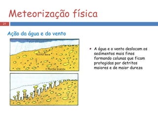Ação da água e do vento A água e o vento deslocam os sedimentos mais finos formando colunas que ficam protegidas por detritos maiores e de maior dureza Meteorização física 