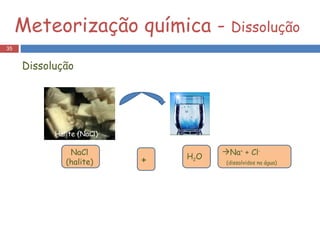 Halite (NaCl) NaCl (halite) + Na +  + Cl -  (dissolvidos na água) H 2 O Dissolução Meteorização química -  Dissolução 