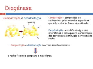 Diagénese Compactação  - compressão de sedimentos, pelas camadas superiores que sobre eles se foram depositando. Desidratação  - expulsão de água dos interstícios e consequente  aproximação das partículas e diminuição do volume da rocha. Compactação  e  desidratação  ocorrem simultaneamente. a rocha fica mais compacta e mais densa. Compactação  e  desidratação 