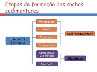 Etapas de formação das rochas sedimentares Etapas de formação Sedimentogénese Diagénese Meteorização Erosão Transporte Sedimentação Compactação  Desidratação Cimentação 