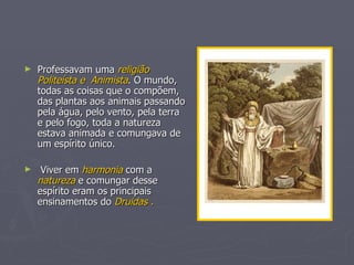 Professavam uma  religião Politeísta e  Animista . O mundo, todas as coisas que o compõem, das plantas aos animais passando pela água, pelo vento, pela terra e pelo fogo, toda a natureza estava animada e comungava de um espírito único. Viver em  harmonia  com a  natureza  e comungar desse espírito eram os principais ensinamentos do  Druidas . 