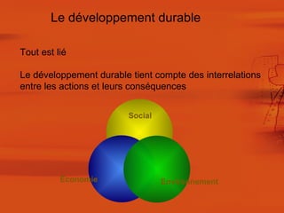 Le développement durable Social Économie Environnement Tout est lié Le développement durable tient compte des interrelations entre les actions et leurs conséquences 