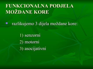 FUNKCIONALNA PODJELA  MOŽDANE KORE razlikujemo 3 dijela moždane kore:   senzorni motorni asocijativni  