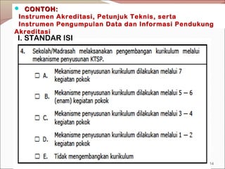  CONTOH:CONTOH:
Instrumen Akreditasi, Petunjuk Teknis, serta
Instrumen Pengumpulan Data dan Informasi Pendukung
Akreditasi
I. STANDAR ISI
14
 