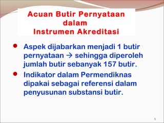 Acuan Butir Pernyataan
dalam
Instrumen Akreditasi
 Aspek dijabarkan menjadi 1 butir
pernyataan  sehingga diperoleh
jumlah butir sebanyak 157 butir.
 Indikator dalam Permendiknas
dipakai sebagai referensi dalam
penyusunan substansi butir.
5
 