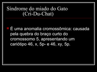Síndrome do miado do Gato
(Cri-Du-Chat)
 É uma anomalia cromossômica: causada
pela quebra do braço curto do
cromossomo 5, apresentando um
cariótipo 46, x, 5p- e 46, xy, 5p.
 
