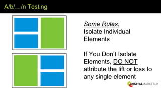 A/b/…/n Testing
Some Rules:
Isolate Individual
Elements
If You Don’t Isolate
Elements, DO NOT
attribute the lift or loss to
any single element
 