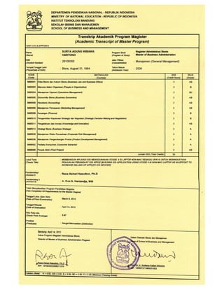 Transcript Master (S2) Master of Business Administration ITB Bandung GPA 3.47