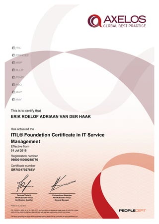 This is to certify that
Printed on 2 July 2015
Has achieved the
Effective from
01 Jul 2015
Registration number
Certificate number
GR750179278EV
ERIK ROELOF ADRIAAN VAN DER HAAK
9980015060288776
Constantinos Kesentes
PEOPLECERT Group
General Manager
Panorea Theleriti
PEOPLECERT Group
Certification Qualifier
ITIL® Foundation Certificate in IT Service
Management
ITIL, PRINCE2, MSP, M_o_R, P3M3, P3O, MoP and MoV are registered trade marks of AXELOS Limited.
AXELOS, the AXELOS logo and the AXELOS swirl logo are trade marks of AXELOS Limited.
The terms governing the issue of this certificate and its validity can be confirmed via www.peoplecert.org.
 
