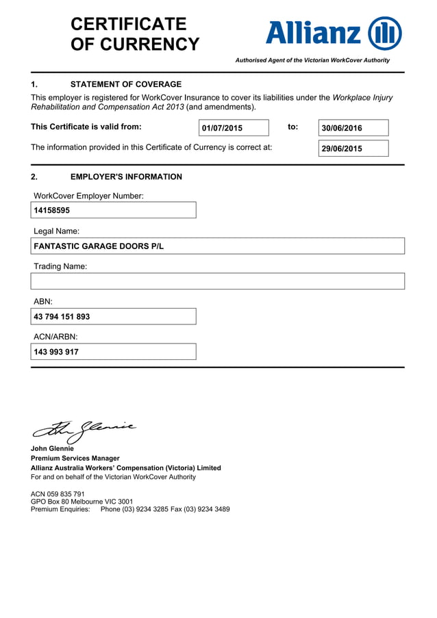 14158595 WorkCover Insurance Certificate of Currency 30-06-16 | PDF