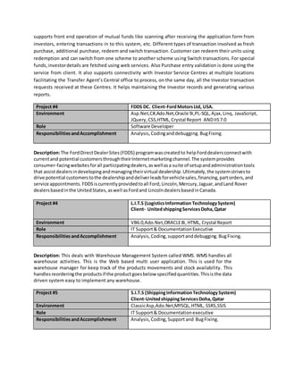 supports front end operation of mutual funds like scanning after receiving the application form from
investors, entering transactions in to this system, etc. Different types of transaction involved as fresh
purchase, additional purchase, redeem and switch transaction. Customer can redeem their units using
redemption and can switch from one scheme to another scheme using Switch transactions. For special
funds,investordetails are fetched using web services. Also Purchase entry validation is done using the
service from client. It also supports connectivity with Investor Service Centres at multiple locations
facilitating the Transfer Agent’s Central office to process, on the same day, all the Investor transaction
requests received at these Centres. It helps maintaining the Investor records and generating various
reports.
Project #4 FDDS DC. Client-FordMotorsLtd, USA.
Environment Asp.Net,C#,Ado.Net,Oracle 9i,PL-SQL, Ajax,Linq, JavaScript,
JQuery,CSS,HTML,Crystal Report ANDIIS7.0
Role Software Developer
ResponsibilitiesandAccomplishment Analysis,Codinganddebugging.BugFixing.
Description:The FordDirectDealerSites(FDDS) programwascreatedto helpForddealersconnectwith
currentand potential customersthroughtheirInternetmarketingchannel.The systemprovides
consumer-facingwebsitesforall participatingdealers,aswellasa suite of setupandadministrationtools
that assistdealersindevelopingandmanagingtheirvirtual dealership.Ultimately,the systemstrivesto
drive potential customerstothe dealershipanddeliverleadsforvehiclesales,financing,partorders,and
service appointments.FDDSiscurrentlyprovidedtoall Ford,Lincoln,Mercury,Jaguar,andLand Rover
dealersbasedinthe UnitedStates,aswell asFordand LincolndealersbasedinCanada.
Project #4 L.I.T.S (LogisticsInformation TechnologySystem)
Client- UnitedshippingServicesDoha,Qatar
Environment VB6.0,Ado.Net,ORACLE8i,HTML, Crystal Report
Role IT Support& DocumentationExecutive
ResponsibilitiesandAccomplishment Analysis,Coding,supportanddebugging.BugFixing.
Description: This deals with Warehouse Management System called WMS. WMS handles all
warehouse activities. This is the Web based multi user application. This is used for the
warehouse manager for keep track of the products movements and stock availability. This
handlesreorderingthe productsif the productgoesbelow specifiedquantities.Thisisthe data
driven system easy to implement any warehouse.
Project #5 S.I.T.S (ShippingInformationTechnologySystem)
Client-UnitedshippingServicesDoha,Qatar
Environment ClassicAsp,Ado.Net,MYSQL,HTML, SSRS,SSIS
Role IT Support& Documentationexecutive
ResponsibilitiesandAccomplishment Analysis,Coding,Supportand BugFixing.
 