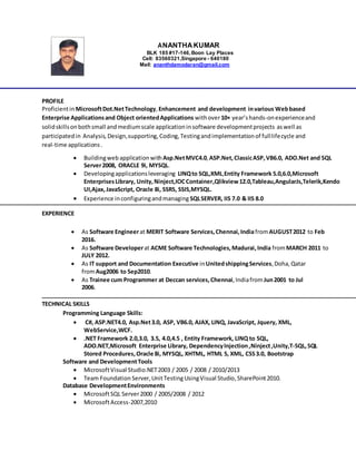 ANANTHA KUMAR
BLK 185 #17-146,Boon Lay Places
Cell: 83560321,Singapore - 640180
Mail: ananthdamodaran@gmail.com
PROFILE
Proficientin MicrosoftDot.NetTechnology,Enhancement and development invarious Webbased
Enterprise Applicationsand Object orientedApplications withover10+ year’shands-onexperienceand
solidskillsonbothsmall andmediumscale applicationinsoftware developmentprojects aswell as
participatedin Analysis, Design,supporting,Coding,Testingandimplementationof fulllifecycle and
real-time applications.
 Buildingweb application withAsp.NetMVC4.0, ASP.Net,ClassicASP,VB6.0, ADO.Net and SQL
Server2008, ORACLE 9i, MYSQL.
 Developingapplicationsleveraging LINQto SQL,XML,Entity Framework 5.0,6.0,Microsoft
EnterprisesLibrary, Unity,Ninject,IOCContainer,Qlikview12.0,Tableau,AngularJs,Telerik,Kendo
UI,Ajax,JavaScript, Oracle 8i, SSRS, SSIS,MYSQL.
 Experience inconfiguringandmanaging SQLSERVER, IIS 7.0 & IIS 8.0
EXPERIENCE
 As Software Engineerat MERIT Software Services,Chennai,IndiafromAUGUST2012 to Feb
2016.
 As Software Developerat ACME Software Technologies,Madurai,India fromMARCH 2011 to
JULY 2012.
 As IT support and Documentation Executive inUnitedshippingServices,Doha,Qatar
fromAug2006 to Sep2010.
 As Trainee cum Programmer at Deccan services,Chennai,IndiafromJun2001 to Jul
2006.
TECHNICAL SKILLS
Programming Language Skills:
 C#, ASP.NET4.0, Asp.Net3.0, ASP, VB6.0, AJAX, LINQ, JavaScript, Jquery, XML,
WebService,WCF.
 .NET Framework 2.0,3.0, 3.5, 4.0,4.5 , Entity Framework, LINQ to SQL,
ADO.NET,Microsoft Enterprise Library, DependencyInjection,Ninject,Unity,T-SQL,SQL
Stored Procedures,Oracle 8i, MYSQL, XHTML, HTML 5, XML, CSS3.0, Bootstrap
Software and DevelopmentTools
 MicrosoftVisual Studio.NET2003 / 2005 / 2008 / 2010/2013
 Team Foundation Server,UnitTestingUsingVisual Studio,SharePoint2010.
Database DevelopmentEnvironments
 MicrosoftSQL Server2000 / 2005/2008 / 2012
 MicrosoftAccess-2007,2010
 
