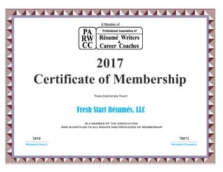 2010 78072
Fresh Start Résumés, LLC
This Certifies That:
Is a member of the association
And is entitled to all rights and privileges of membership
Member Since Member Number
2017
Certificate of Membership
 