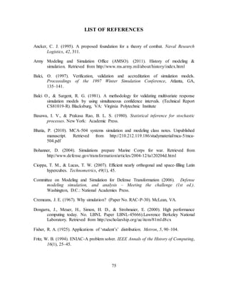 75
LIST OF REFERENCES
Ancker, C. J. (1995). A proposed foundation for a theory of combat. Naval Research
Logistics, 42, 311.
Army Modeling and Simulation Office (AMSO). (2011). History of modeling &
simulation. Retrieved from http://www.ms.army.mil/about/history/index.html
Balci, O. (1997). Verification, validation and accreditation of simulation models.
Proceeedings of the 1997 Winter Simulation Conference, Atlanta, GA,
135–141.
Balci O., & Sargent, R. G. (1981). A methodology for validating multivariate response
simulation models by using simultaneous confidence intervals. (Technical Report
CS81019-R). Blacksburg, VA: Virginia Polytechnic Institute
Basawa, I. V., & Prakasa Rao, B. L. S. (1980). Statistical inference for stochastic
processes. New York: Academic Press.
Bhatia, P. (2010). MCA-504 systems simulation and modeling class notes. Unpublished
manuscript. Retrieved from http://210.212.119.186/studymaterial/mca-5/mca-
504.pdf
Bohanner, D. (2004). Simulations prepare Marine Corps for war. Retrieved from
http://www.defense.gov/transformation/articles/2004-12/ta120204d.html
Cioppa, T. M., & Lucas, T. W. (2007). Efficient nearly orthogonal and space-filling Latin
hypercubes. Technometrics, 49(1), 45.
Committee on Modeling and Simulation for Defense Transformation (2006). Defense
modeling simulation, and analysis – Meeting the challenge (1st ed.).
Washington, D.C.: National Academies Press.
Cremeans, J. E. (1967). Why simulation? (Paper No. RAC-P-30). McLean, VA.
Dongarra, J., Meuer, H., Simon, H. D., & Strohmaier, E. (2000). High performance
computing today. No. LBNL Paper LBNL-45666).Lawrence Berkeley National
Laboratory. Retrieved from http://escholarship.org/uc/item/81m1d8cx
Fisher, R. A. (1925). Applications of ‘student’s’ distribution. Metron, 5, 90–104.
Fritz, W. B. (1994). ENIAC-A problem solver. IEEE Annals of the History of Computing,
16(1), 25–45.
 