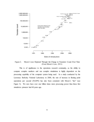8
Figure 2. Moore’s Law Depicted Through the Change in Transistor Count Over Time
(From Moore’s Law, 2011)
This is of significance to the operations research community, as the ability to
compute complex numbers and run complex simulations is highly dependent on the
processing capability of the computer system being used. In a study conducted by the
Lawrence Berkeley National Laboratory in 2008, the rate of increase in floating point
operations per second (FLOPS) has also been consistent with Moore’s “law” (see
Figure 3). We now have over one billion times more processing power than those first
simulation pioneers had 60 years ago.
 
