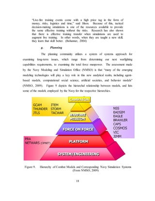 18
“Live-fire training events come with a high price tag in the form of
money, risks, logistics and time,” said Jilson. Because of this, tactical
decision-making simulations is one of the resources available to provide
the same effective training without the risks. Research has also shown
that there is effective training transfer when simulations are used to
augment live training. In other words, when they are taught a new skill,
they learn that skill better. (Bohanner, 2004)
g. Planning
The planning community utilizes a system of systems approach for
examining long-term issues, which range from determining our next warfighting
capabilities requirements, to examining the total force manpower. The assessment made
by the Navy Modeling and Simulation Office (NMSO) is that “many of the emerging
modeling technologies will play a key role in this new analytical realm, including agent-
based models, computational social science, artificial societies, and behavior models”
(NMSO, 2009). Figure 9 depicts the hierarchal relationship between models, and lists
some of the models employed by the Navy for the respective hierarchies.
Figure 9. Hierarchy of Combat Models and Corresponding Navy Simulation Systems
(From NMSO, 2009)
 