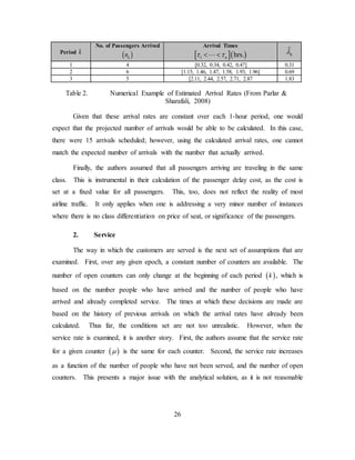 26
Period k
No. of Passengers Arrived
( )kn
Arrival Times
[ ]( )1 hrs.nτ τ< ⋅⋅⋅ <
ˆ
kλ
1 4 [0.32, 0.34, 0.42, 0.47] 0.31
2 6 [1.15, 1.46, 1.47, 1.58, 1.93, 1.96] 0.69
3 5 [2.11, 2.44, 2.57, 2.71, 2.87 1.83
Table 2. Numerical Example of Estimated Arrival Rates (From Parlar &
Sharafali, 2008)
Given that these arrival rates are constant over each 1-hour period, one would
expect that the projected number of arrivals would be able to be calculated. In this case,
there were 15 arrivals scheduled; however, using the calculated arrival rates, one cannot
match the expected number of arrivals with the number that actually arrived.
Finally, the authors assumed that all passengers arriving are traveling in the same
class. This is instrumental in their calculation of the passenger delay cost, as the cost is
set at a fixed value for all passengers. This, too, does not reflect the reality of most
airline traffic. It only applies when one is addressing a very minor number of instances
where there is no class differentiation on price of seat, or significance of the passengers.
2. Service
The way in which the customers are served is the next set of assumptions that are
examined. First, over any given epoch, a constant number of counters are available. The
number of open counters can only change at the beginning of each period ( )k , which is
based on the number people who have arrived and the number of people who have
arrived and already completed service. The times at which these decisions are made are
based on the history of previous arrivals on which the arrival rates have already been
calculated. Thus far, the conditions set are not too unrealistic. However, when the
service rate is examined, it is another story. First, the authors assume that the service rate
for a given counter ( )µ is the same for each counter. Second, the service rate increases
as a function of the number of people who have not been served, and the number of open
counters. This presents a major issue with the analytical solution, as it is not reasonable
 