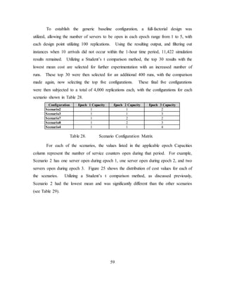 59
To establish the generic baseline configuration, a full-factorial design was
utilized, allowing the number of servers to be open in each epoch range from 1 to 5, with
each design point utilizing 100 replications. Using the resulting output, and filtering out
instances when 10 arrivals did not occur within the 1-hour time period, 11,422 simulation
results remained. Utilizing a Student’s t comparison method, the top 30 results with the
lowest mean cost are selected for further experimentation with an increased number of
runs. These top 30 were then selected for an additional 400 runs, with the comparison
made again, now selecting the top five configurations. These final five configurations
were then subjected to a total of 4,000 replications each, with the configurations for each
scenario shown in Table 28.
Configuration Epoch 1 Capacity Epoch 2 Capacity Epoch 3 Capacity
Scenario2 1 1 2
Scenario3 1 1 3
Scenario7 1 2 2
Scenario8 1 2 3
Scenario4 1 1 4
Table 28. Scenario Configuration Matrix
For each of the scenarios, the values listed in the applicable epoch Capacities
column represent the number of service counters open during that period. For example,
Scenario 2 has one server open during epoch 1, one server open during epoch 2, and two
servers open during epoch 3. Figure 25 shows the distribution of cost values for each of
the scenarios. Utilizing a Student’s t comparison method, as discussed previously,
Scenario 2 had the lowest mean and was significantly different than the other scenarios
(see Table 29).
 