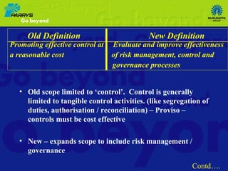 Old scope limited to ‘control’.  Control is generally limited to tangible control activities. (like segregation of duties, authorisation / reconciliation) – Proviso – controls must be cost effective New – expands scope to include risk management / governance Old Definition  New Definition Promoting effective control at  Evaluate and improve effectiveness a reasonable cost  of risk management, control and governance processes Contd…. 