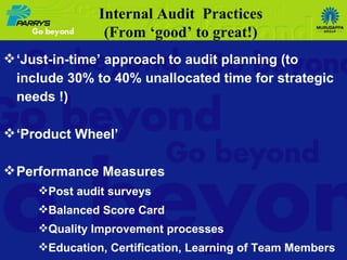 ‘ Just-in-time’ approach to audit planning (to include 30% to 40% unallocated time for strategic needs !) ‘ Product Wheel’ Performance Measures Post audit surveys Balanced Score Card Quality Improvement processes Education, Certification, Learning of Team Members Internal Audit  Practices (From ‘good’ to great!) 