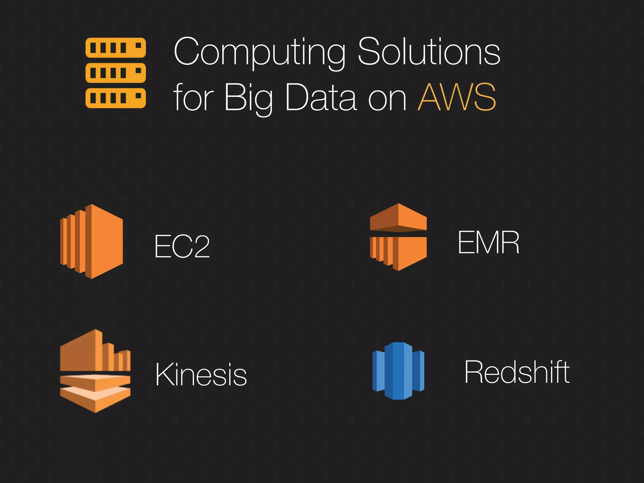 Computing Solutions
for Big Data on AWS
Kinesis
EC2 EMR
Redshift
 