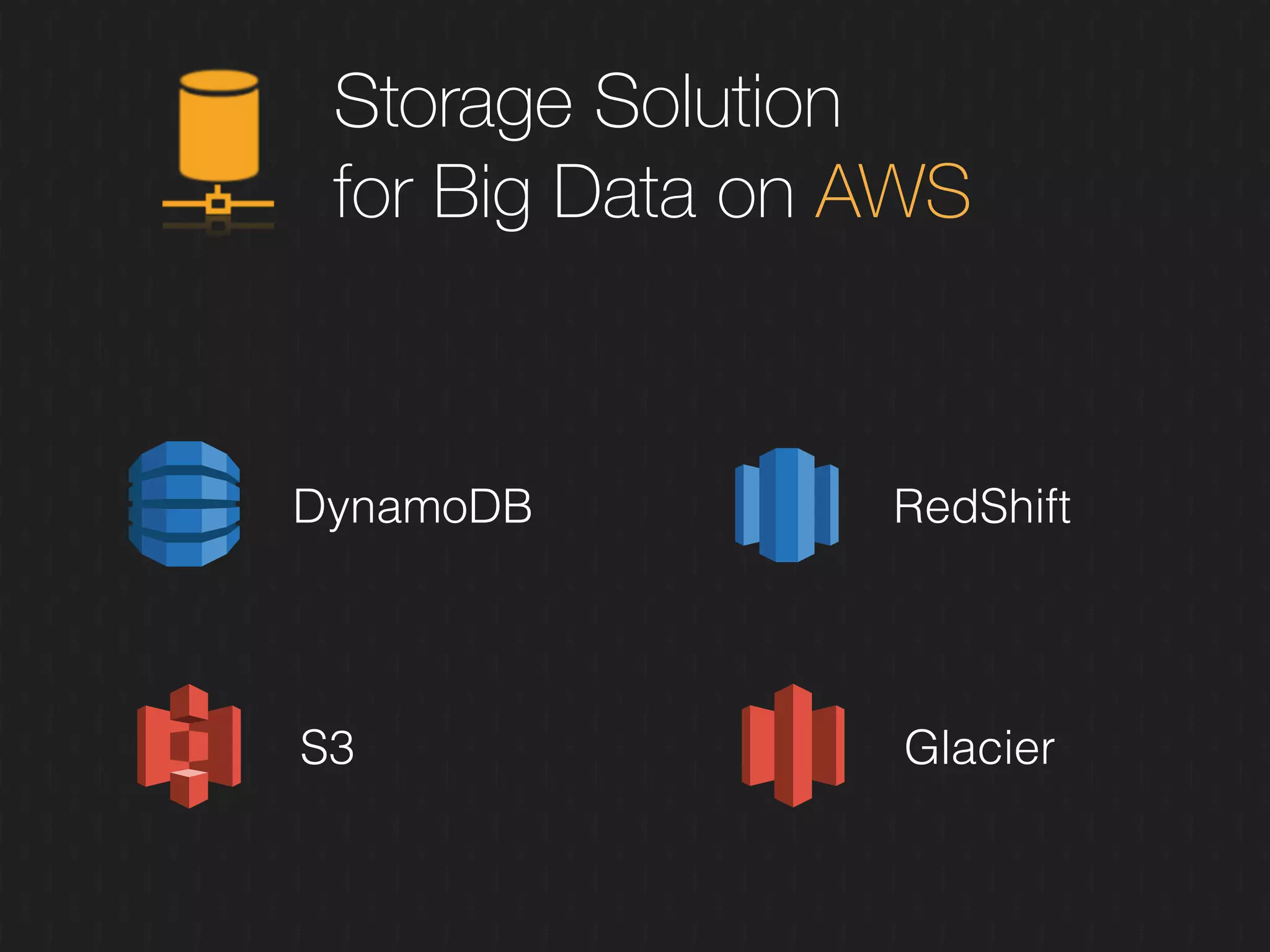 Storage Solution
for Big Data on AWS
DynamoDB RedShift
S3 Glacier
 