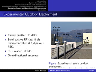 Introduction
System Model for FSK
Bistatic Scatter Radio FSK Demodulation
Composite Hypothesis Testing Receivers for Noncoherent FSK
Simulation Results and Experimental Measurements
Conclusion
Experimental Outdoor Deployment
Carrier emitter: 13 dBm.
Semi-passive RF tag: 8 bit
micro-controller at 1kbps with
FSK.
SDR reader: USRP.
Omnidirectional antennas.
Carrier
Emitter
RF Tag SDR
Reader
Figure: Experimental setup outdoor
deployment.
Panos Alevizos Master Thesis Presentation 28 / 35
 