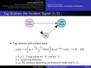Introduction
System Model for FSK
Bistatic Scatter Radio FSK Demodulation
Composite Hypothesis Testing Receivers for Noncoherent FSK
Simulation Results and Experimental Measurements
Conclusion
Fading Characteristics
Bistatic Scatter Radio: Transmission and Reception
Tag Scatters the Incident Signal (1/2)
Carrier
Emitter
SDR
Reader
Tag
Tag receives and scatters back
ui (t) = s v0 +
Γ0 − Γ1
2
bi (t) aCTe−jφCT
c(t), i ∈ B. (4)
Γ0, Γ1: 2 load values bit “0” and bit “1”.
s: scattering eﬃciency.
v0: DC constant depending on structural mode and Γ0, Γ1.
Panos Alevizos Master Thesis Presentation 9 / 35
 