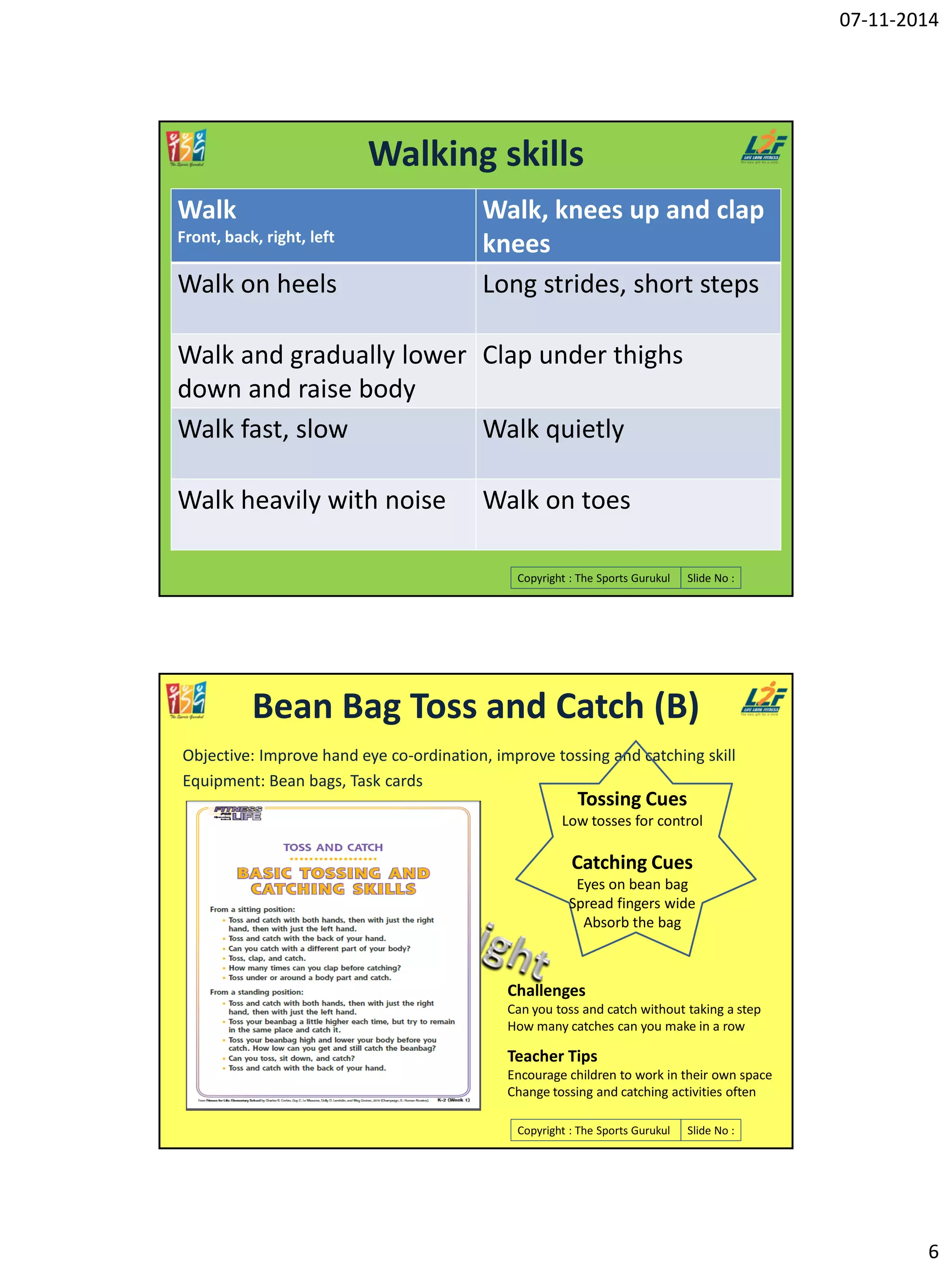 07-11-2014
6
Copyright : The Sports Gurukul Slide No :
Walking skills
Walk
Front, back, right, left
Walk, knees up and clap
knees
Walk on heels Long strides, short steps
Walk and gradually lower
down and raise body
Clap under thighs
Walk fast, slow Walk quietly
Walk heavily with noise Walk on toes
Copyright : The Sports Gurukul Slide No :
Bean Bag Toss and Catch (B)
Objective: Improve hand eye co-ordination, improve tossing and catching skill
Equipment: Bean bags, Task cards
Challenges
Can you toss and catch without taking a step
How many catches can you make in a row
Teacher Tips
Encourage children to work in their own space
Change tossing and catching activities often
Tossing Cues
Low tosses for control
Catching Cues
Eyes on bean bag
Spread fingers wide
Absorb the bag
 