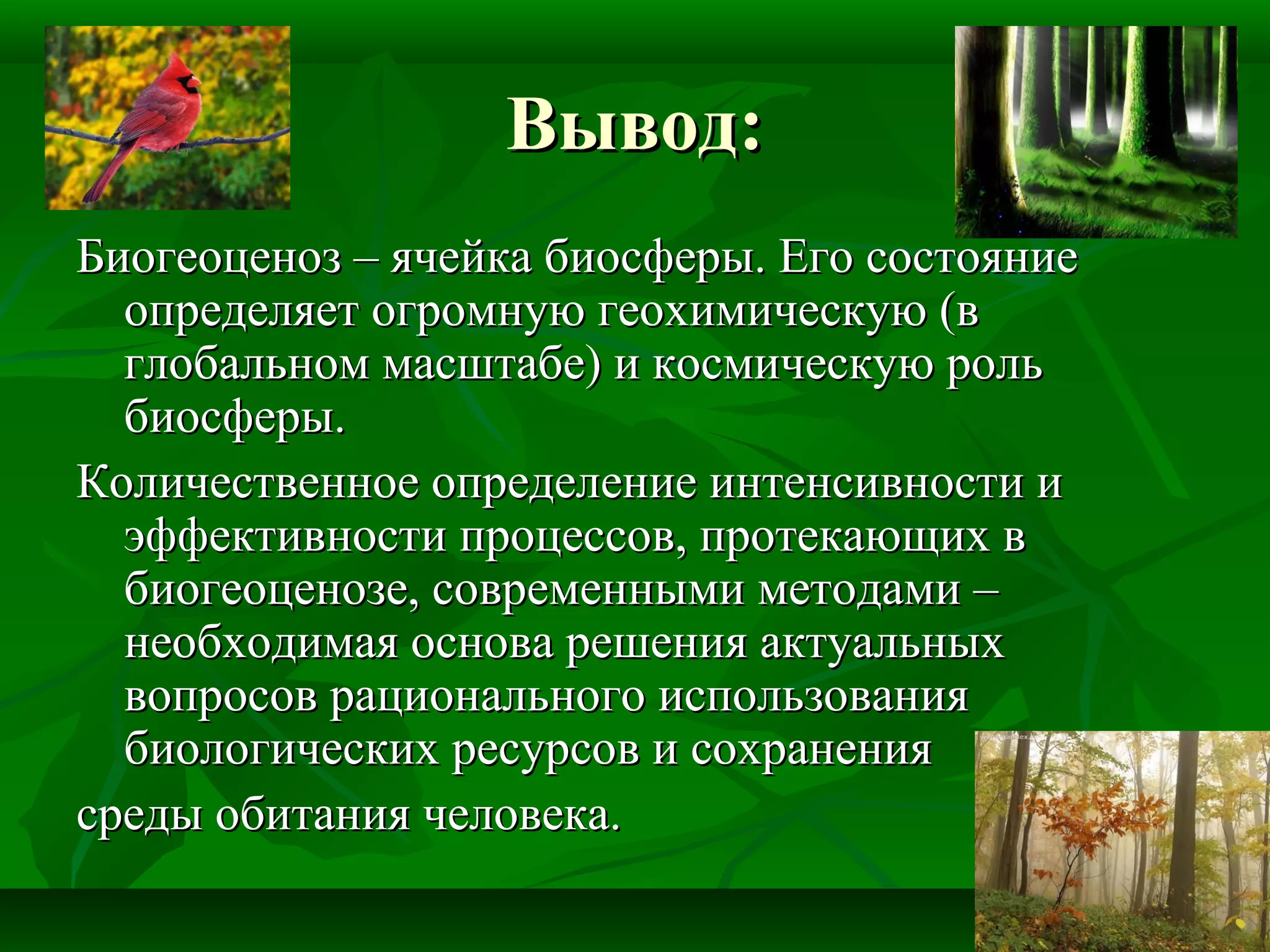 Вывод:Вывод:
Биогеоценоз – ячейка биосферы. Его состояниеБиогеоценоз – ячейка биосферы. Его состояние
определяет огромную геохимическую (вопределяет огромную геохимическую (в
глобальном масштабе) и космическую рольглобальном масштабе) и космическую роль
биосферы.биосферы.
Количественное определение интенсивности иКоличественное определение интенсивности и
эффективности процессов, протекающих вэффективности процессов, протекающих в
биогеоценозе, современными методами –биогеоценозе, современными методами –
необходимая основа решения актуальныхнеобходимая основа решения актуальных
вопросов рационального использованиявопросов рационального использования
биологических ресурсов и сохранениябиологических ресурсов и сохранения
среды обитания человека.среды обитания человека.
 