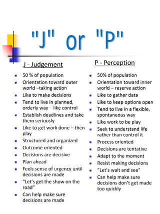  50 % of population
 Orientation toward outer
world –taking action
 Like to make decisions
 Tend to live in planned,
orderly way – like control
 Establish deadlines and take
them seriously
 Like to get work done – then
play
 Structured and organized
 Outcome oriented
 Decisions are decisive
 Plan ahead
 Feels sense of urgency until
decisions are made
 “Let’s get the show on the
road”
 Can help make sure
decisions are made
 50% of population
 Orientation toward inner
world – reserve action
 Like to gather data
 Like to keep options open
 Tend to live in a flexible,
spontaneous way
 Like work to be play
 Seek to understand life
rather than control it
 Process oriented
 Decisions are tentative
 Adapt to the moment
 Resist making decisions
 “Let’s wait and see”
 Can help make sure
decisions don’t get made
too quickly
J - Judgement P - Perception
 